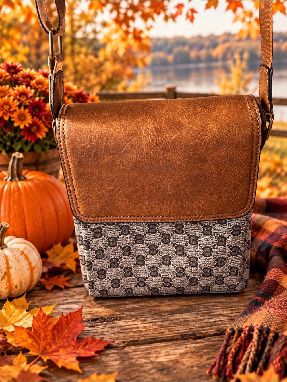 Gorgeous Brown Two-Tone Crossbody Bag with Patterned Vegan Leather 🍁